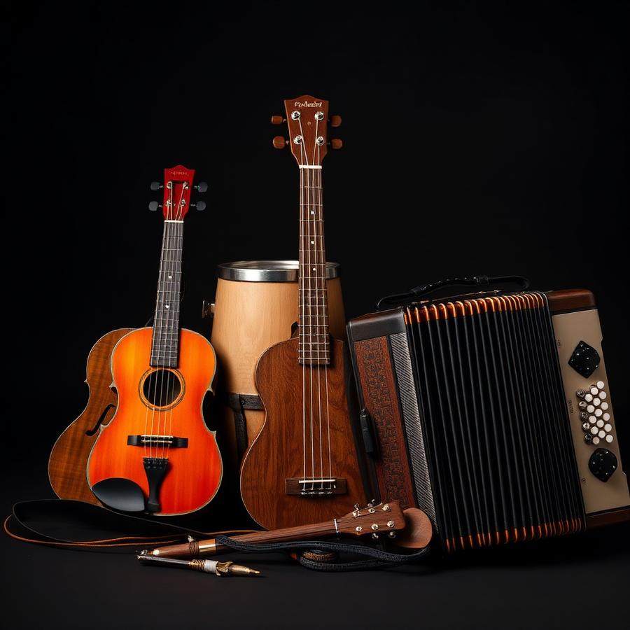 Guitarra eléctrica, teclado y batería en la tienda